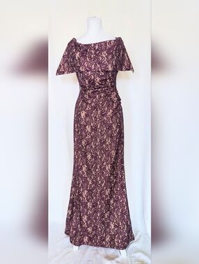 Vince Camuto Off The Shoulder Ruched Sequin Floor Length Gown Burgandy Red Sz 4